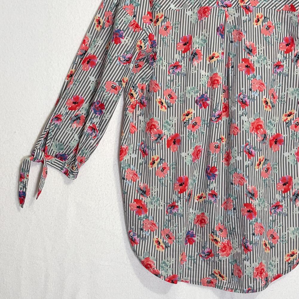 Sanctuary Button Down Shirt Womens Medium Pink Gray Striped Floral Tunic Blouse - Picture 11 of 14